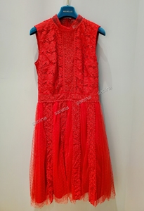 21专柜正品MOISELLE/慕诗蕾丝网纱立领大红色连衣裙