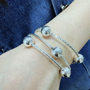 大珠直径10毫米通体纯银S925三圈多层手链批花或光面弯管项链手环
