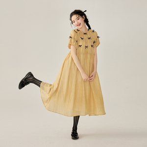 森日快乐【豆蝶妮妮】甜美复古蝴蝶结氛围感连衣裙夏日黄色裙子