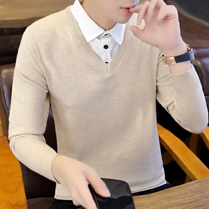 男士假两件毛衣韩版潮流修身衬衫领线衣青年带领针织衫有领羊毛衫