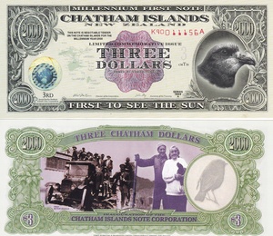 全新2000年 查塔姆群岛 3 元 千禧年塑料纪念钞黄金标签 号码无47