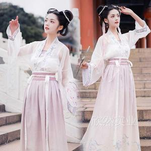 春夏宋制女装中国风对襟统汉服传淡雅重工刺绣花齐腰长裙三件套女