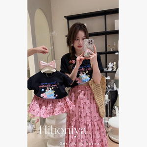 Spring韩国童装亲子小熊印花半身裙套装宝宝粉色时髦公主碎花裙
