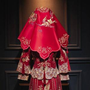 红盖头新娘秀禾高级结婚用头纱巾缎面2024年新款中式婚礼苏绣纯色
