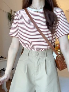 港味chic红白条纹正肩短袖T恤女夏韩系小众设计复古纯棉体恤上衣