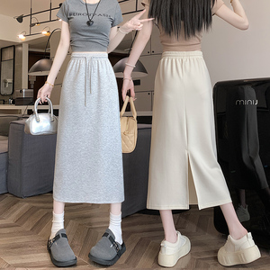 灰色运动半身裙女夏季2024新款后开叉中长款直筒包臀裙休闲卫裙