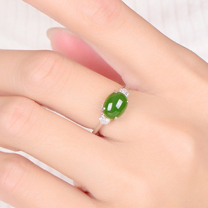天然和田真玉s925纯银饰戒指女食指开口可调节精致简约绿宝石指环
