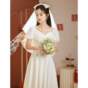 白色领证结婚登记情侣装裙子法式晚礼服裙订婚连衣裙轻婚纱小白裙