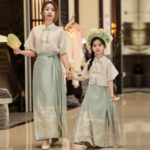 夏季古典风汉服亲子装绿色金山马面裙国潮新中式古装母女装两件套