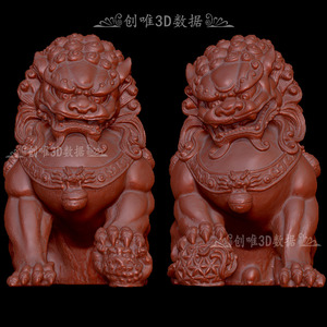 狮子三维立体图圆雕图stl文件石狮子摆件一对雕刻3d打印模型2121