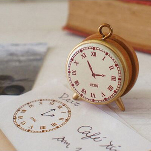 日本创意 时钟造型 Decole 复古小巧木质胶皮 12小时日记印章印泥