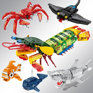开智积木海洋动物儿童益智力拼装帝王蟹男孩拼插龙虾鲨鱼模型玩具