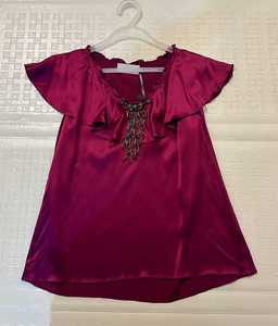 特价玫红色真丝缎飞袖短袖套头衫衬衣钉珠流苏夏季新款百搭紫红色
