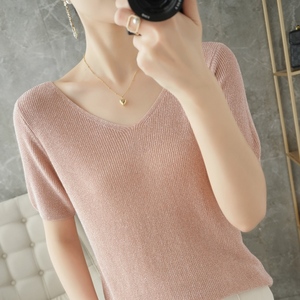 高级感冰丝针织短袖女夏季宽松薄款V领亮丝镂空针织衫T恤粉色上衣