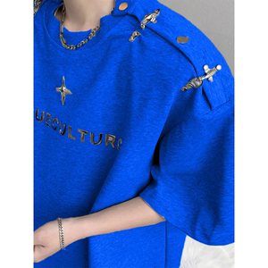 超大码300斤潮牌欧美短袖T恤男夏装高街设计感飞机扣克莱因蓝上衣