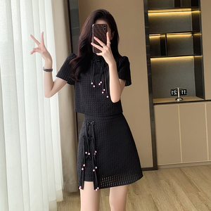 夏装新中式时尚改良旗袍套装女夏气质黑色盐系轻熟短裙两件套裙装
