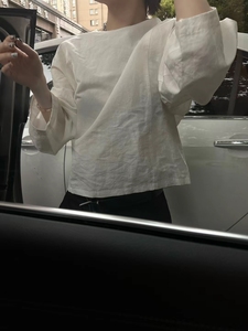 现货 韩国代购小众设计款本白色棉麻长袖套头衬衫 黑色a版短裤夏
