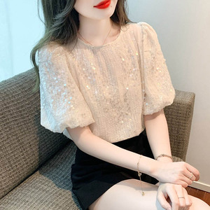 巴酷森2023夏季新款套头韩版纯色圆领短袖亮片小衫女装设计感上衣
