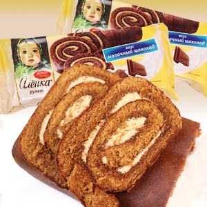 俄罗斯进口大头娃娃巧克力早餐面包爱莲巧牛奶味蛋糕卷网红零食