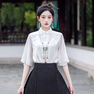 中国风上衣女夏季搭配马面裙的衬衣汉元素改良汉服立领衬衫短袖