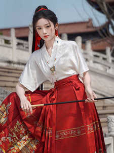 配马面裙的衬衣飞机袖新中式国风衬衫女刺绣短袖对襟交领上衣夏季