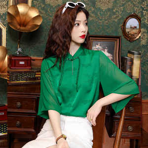 绿色真丝提花旗袍式上衣新中式国风衬衫女高级感衬衣2024新款小衫
