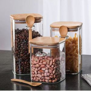 玻璃密封罐方形带勺家用收纳透明食品级茶叶干果咖啡豆方糖储物罐