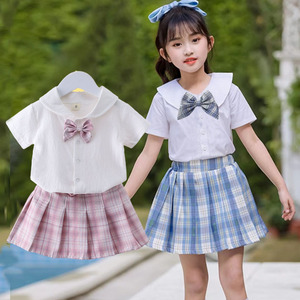 女童aj套装格裙夏天jk裙女孩儿童学院风短裙格子制服两件套裙子