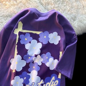 紫色纯棉T恤女夏季韩版2024新款宽松中长款设计感印花ins短袖上衣