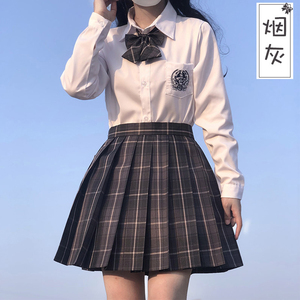 中牌烟灰jk制服馆格裙女原创正版夏学院风百褶裙子衬衫套装全套