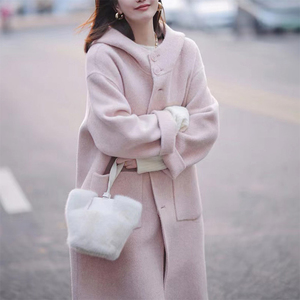 甜美韩系粉色双面羊绒大衣女连帽中长款羊驼绒毛呢外套宽松慵懒风
