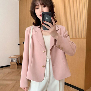 粉色短款西装外套女休闲2023新款春秋装小个子韩版高级设计感西服