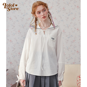 LOLOL ® 24SS 学院风短款长袖白色衬衫女法式字母刺绣海军领上衣