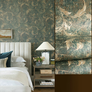 包邮WQ美国进口纯纸墙纸壁纸墨绿色藤叶复古美式欧式客厅卧室背景