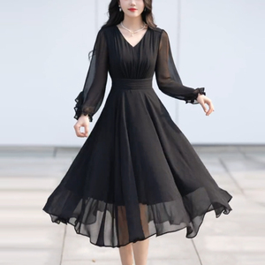 法式黑色连衣裙女士长袖春夏新款妈妈雪纺气质长裙高级感网纱裙子