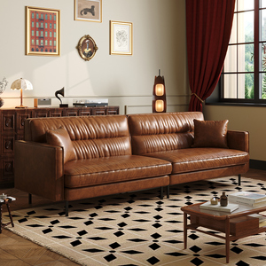 美式复古油蜡皮沙发现代小户型客厅中古风做旧棕色焦糖色皮沙发