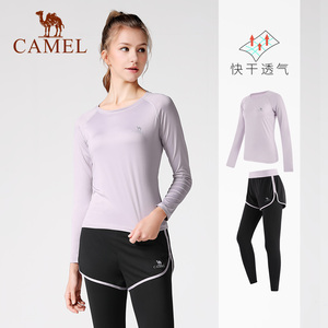 骆驼瑜伽服女套装新款长袖健身服假两件长裤子跑步运动服t恤