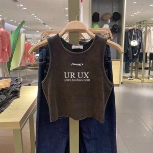 UR UX女装2023夏BM风休闲百搭字母刺绣紧身短款打底背心上衣ins