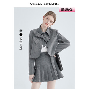 VEGA+CHANG蝴蝶结时尚格纹套装裙女春装外套半身裙西服