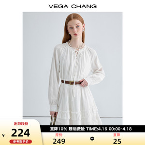 VEGA CHANG白色连衣裙女2024年春季新款法式优雅花边系带蛋糕裙子