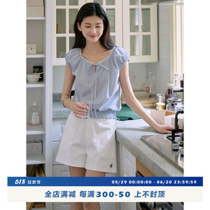 Jicouture“夏花”色织纯棉花边小衫女夏季法式短款抽绳衬衫T恤