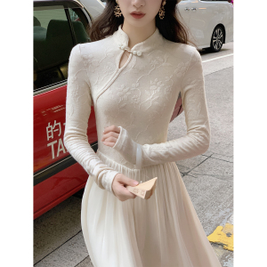 大Eees 红豆 新中式芭蕾风羊毛提花打底连衣裙复古高级感显瘦裙子