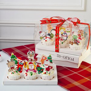圣诞节6连装纸杯蛋糕装饰摆件插牌圣诞老人雪人马芬杯透明盒插件
