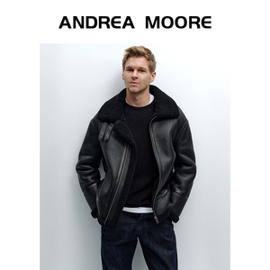 Andrea Moore冬季羊皮毛一体外套男装短款真皮皮草机车款夹克加厚