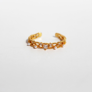 黄铜镀真金法式浪漫镂空珍珠开口戒指女轻奢锆石食指戒手饰品B548
