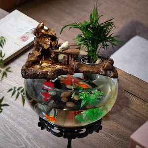 办公室小鱼缸客厅家用桌面小型圆形玻璃鱼缸造景水循环流水过滤器