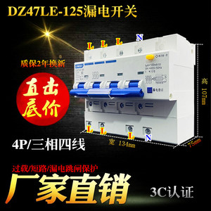 厂家直销DZ47LE 125A3P+N三相四线漏电保护器 100A4P电机总闸开关