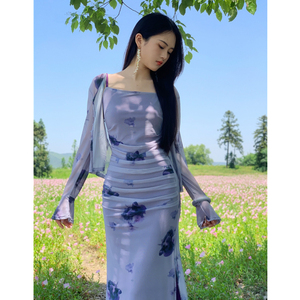 野山茶 墨染灰紫色吊带裙+开衫 温柔素雅新中式连衣裙套装优雅