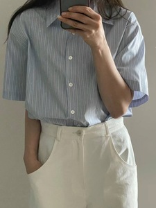 AGO 2024夏季新款 WUA韩国东大门代购 气质时尚百搭条纹衬衫女