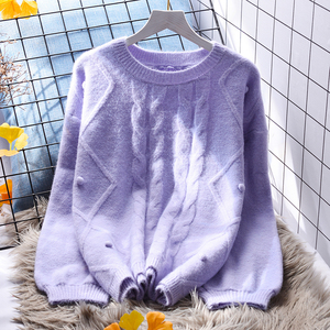 紫色圆领毛衣女套头宽松慵懒风2021新款秋冬韩版洋气加厚针织上衣